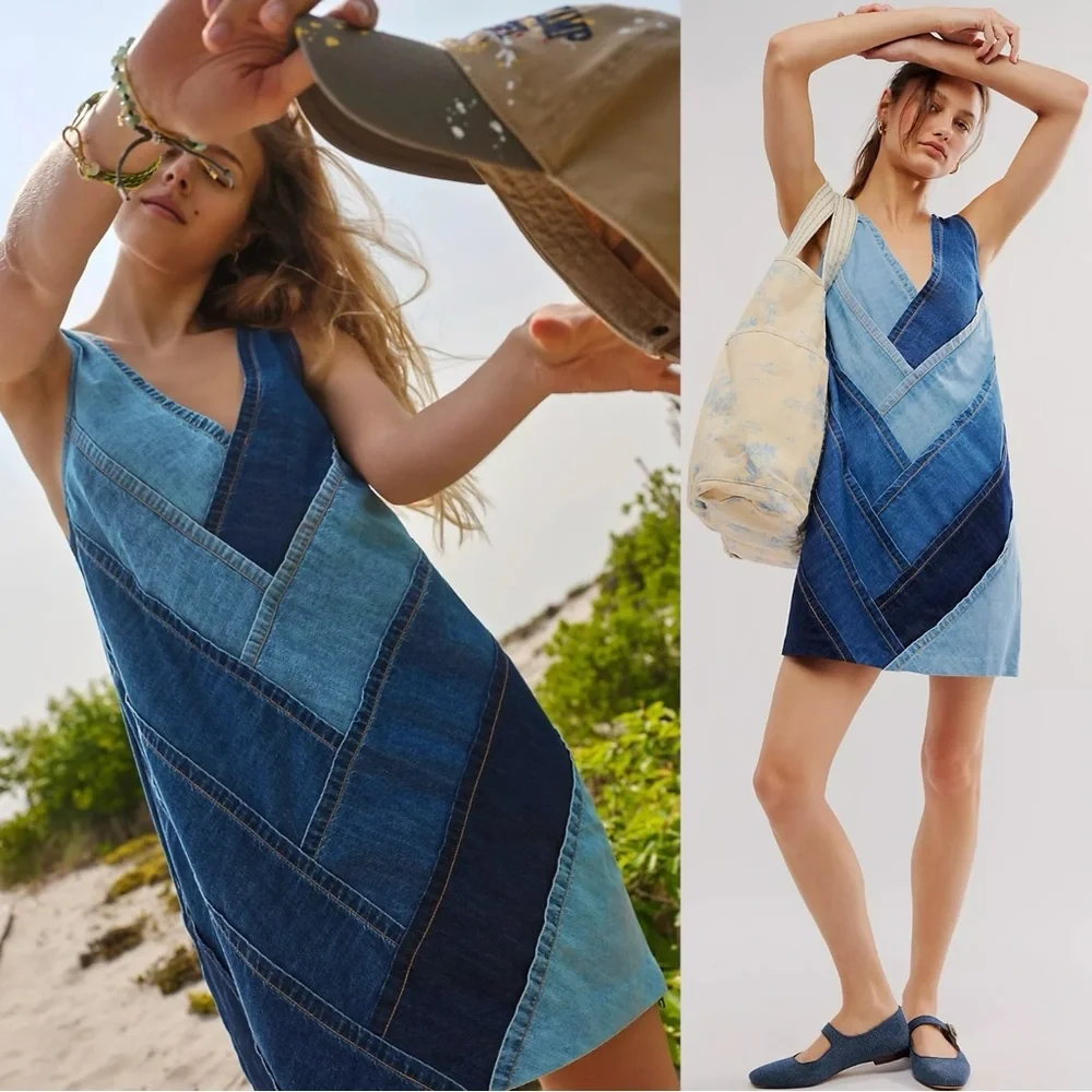 Free People Bohemian 70s Patches Of Denim Mini Dress XS NWT Patchwork Fall Retro - Picture 1 of 16